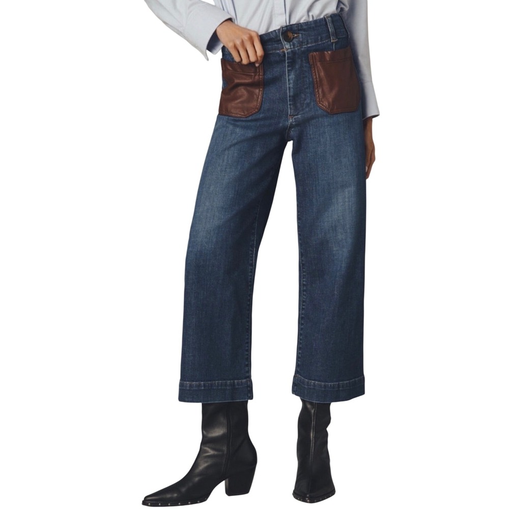 Maeve The Colette Faux Leather Pocket Wide Leg Jeans Blue 28T